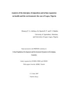 ANALYSIS OF THE INTERPLAY OF MIGRATION AND URBAN EXPANSION, ON HEALTH AND THE ENVIRONMENT: THE CASE OF LAGOS, NIGERIA