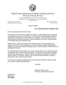 North Carolina Department of Health and Human Services Division of Social Services Economic Independence Section • 325 North Salisbury Street 2420 Mail Service Center • Raleigh, North Carolina[removed]Courier # 56