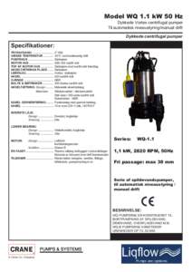 Model WQ 1.1 kW 50 Hz Dykkede Vortex centrifugal pumper Til automatisk niveaustyring/manual drift Dykkede centrifugal pumper  6SHFL¿NDWLRQHU