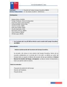 ACTA DE REUNIÓN N°MATERIA : FECHA/ HORA/LUGAR:  Reunión de Trabajo Consejo Consultivo ONEMI