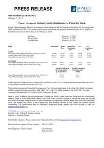 Pioneer Investments Declares Monthly Distributions for Closed-End Funds