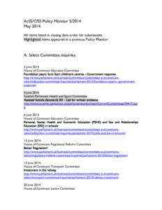 AcSS/CfSS Policy MonitorMay 2014 All items listed in closing date order for submissions Highlighted items appeared in a previous Policy Monitor  A. Select Committee inquiries