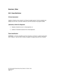 Botulism, Other 2011 Case Definition Clinical description Ingestion of botulinum toxin results in an illness of variable severity. Common symptoms are diplopia, blurred vision, and bulbar weakness. Symmetric paralysis ma