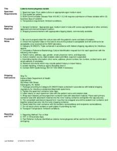 Title  Listeria monocytogenes isolate Specimen Requirements