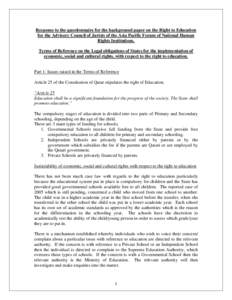 Response to the questionnaire for the background paper on the Right to Education for the Advisory Council of Jurists of the Asia Pacific Forum of National Human Rights Institutions. Terms of Reference on the Legal obliga