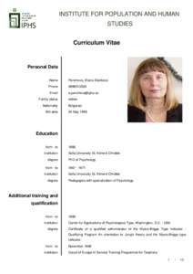 INSTITUTE FOR POPULATION AND HUMAN STUDIES Curriculum Vitae Personal Data Name