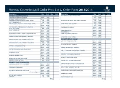 10296 Pricelist_A5_2014_Price list[removed]:42 Page 2  Honesty Cosmetics Mail Order Price List & Order Form[removed]Description  Size