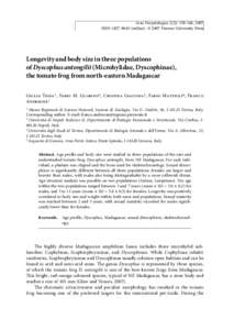 Acta Herpetologica 2(2): , 2007 ISSNonline) © 2007 Firenze University Press Longevity and body size in three populations of Dyscophus antongilii (Microhylidae, Dyscophinae), the tomato frog from north