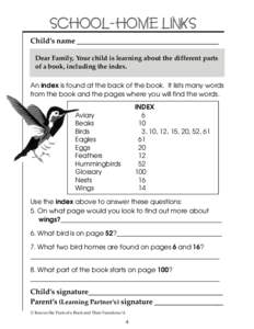 SCHOOL-HOME LINKS ChildÕs name ______________________________________ Dear Family, Your child is learning about the different parts of a book, including the index. An index is found at the back of the book. It lists man