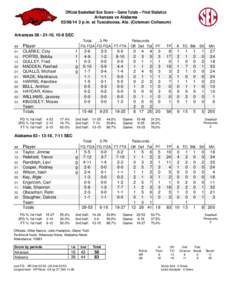 Official Basketball Box Score -- Game Totals -- Final Statistics Arkansas vs Alabama[removed]p.m. at Tuscaloosa, Ala. (Coleman Coliseum)