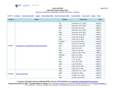 Course Schedule September 2014 to August 2015 Associate Certificate in Leadership & Conflict Resolution – by Name Locations: Chilliwack  Prince George (CNC)