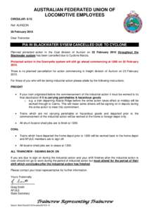 AUSTRALIAN FEDERATED UNION OF LOCOMOTIVE EMPLOYEES CIRCULAR: 6/15 Ref: AURIZON 20 February 2015 Dear Traincrew