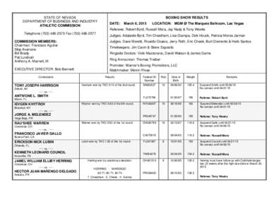 STATE OF NEVADA DEPARTMENT OF BUSINESS AND INDUSTRY ATHLETIC COMMISSION BOXING SHOW RESULTS DATE: