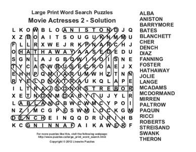 Large Print Word Search Puzzles  Movie Actresses 2 - Solution L X F