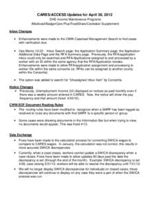 CARES/ACCESS Updates for April 30, 2012