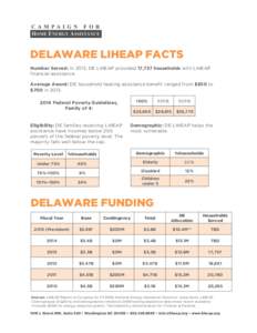    DELAWARE LIHEAP FACTS Number Served: In 2013, DE LIHEAP provided 17,737 households with LIHEAP financial assistance. Average Award: DE household heating assistance benefit ranged from $300 to