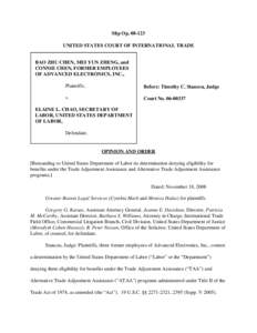 Slip Op[removed]UNITED STATES COURT OF INTERNATIONAL TRADE BAO ZHU CHEN, MEI YUN ZHENG, and CONNIE CHEN, FORMER EMPLOYEES OF ADVANCED ELECTRONICS, INC., Plaintiffs,