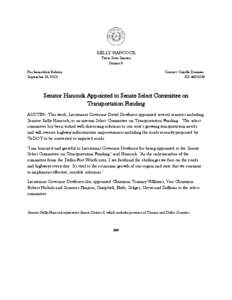 KELLY HANCOCK Texas State Senator District 9 For Immediate Release September 19, 2013
