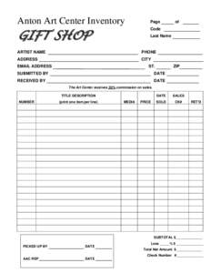 Anton Art Center Inventory  GIFT SHOP Page