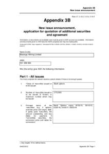 ASX Listing Rules Appendix 3B - New Issue Announcement Application for Quotation of Additional Securities and Agreement