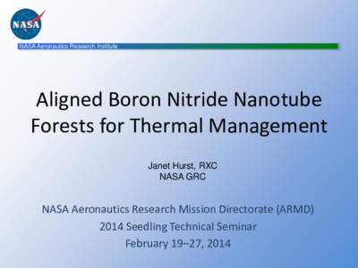 NASA Aeronautics Research Institute  Aligned Boron Nitride Nanotube Forests for Thermal Management Janet Hurst, RXC NASA GRC
