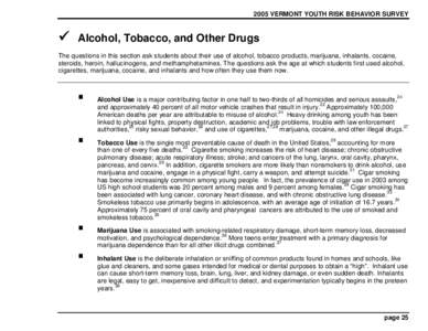 2005 VERMONT YOUTH RISK BEHAVIOR SURVEY  ü Alcohol, Tobacco, and Other Drugs