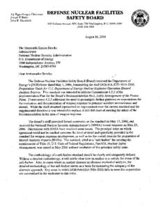 August 16, 2006 Letter from Chairman Eggenberger to DOE Administrator for National Nuclear Security Administration re:  The draft DOE-NA-STD[removed], Preparation Guide for USDOE Nuclear Explosive Operation Hazard Analy
