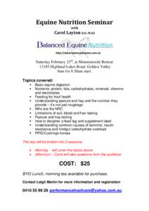 Equine Nutrition Seminar with Carol Layton B.Sc M.Ed  Saturday February 23rd, at Mountainside Retreat