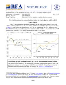 NEWS RELEASE EMBARGOED UNTIL RELEASE AT 8:30 A.M. EDT, TUESDAY, March 31, 2015 Christopher A. Gohrband: ([removed]BEA[removed]Elena L. Nguyen: