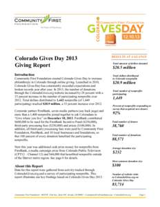 Colorado Gives Day 2013 Giving Report Introduction Community First Foundation created Colorado Gives Day to increase philanthropy in Colorado through online giving. Launched in 2010, Colorado Gives Day has consistently e