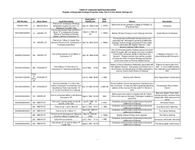 TOWN OF COBOURG HERITAGE REGISTER Register of Designated Heritage Properties Under Part IV of the Ontario Heritage Act Roll Number  #