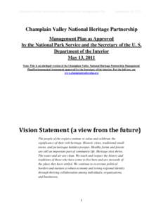 Champlain Valley National Heritage Partnership Management Plan  September 22, 2011 Champlain Valley National Heritage Partnership Management Plan as Approved