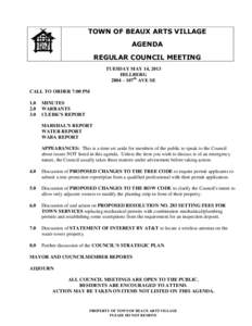 TOWN OF BEAUX ARTS VILLAGE AGENDA REGULAR COUNCIL MEETING TUESDAY MAY 14, 2013 HILLBERG 2804 – 107th AVE SE