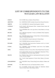 LIST OF CORRESPONDENTS TO THE NUCLEAR LAW BULLETIN ALBANIA Mr. R. KUSHE, Director, Institute of Nuclear Physics