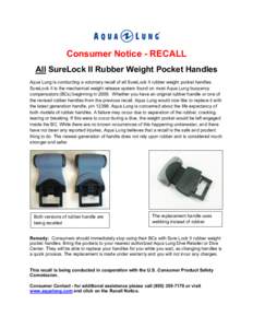 Consumer Notice - RECALL All SureLock II Rubber Weight Pocket Handles Aqua Lung is conducting a voluntary recall of all SureLock II rubber weight pocket handles. SureLock II is the mechanical weight release system found 