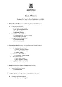 School of Medicine Regions for Year 4 clinical allocations inMetropolitan North contains the following Clinical Schools/Hospitals:   Northside Clinical Schools