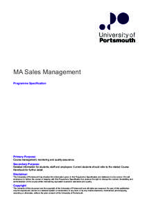 MA Sales Management Programme Specification Primary Purpose: Course management, monitoring and quality assurance.