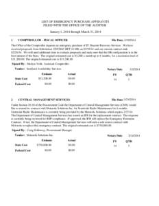 LIST OF EMERGENCY PURCHASE AFFIDAVITS FILED WITH THE OFFICE OF THE AUDITOR January 1, 2014 through March 31, [removed]File Date: [removed]