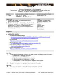 LESSON PLAN American Revolution v. French Revolution FOUNDATION: UNIT II. What Are Human Rights and Where Do They Come From? Created by: Ken Meyers, Wilcox-Hildreth High School LENGTH