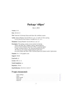 Package ‘ellipse’ July 2, 2014 Version 0.3-8 Date 2013-04-13 Title Functions for drawing ellipses and ellipse-like confidence regions Author Duncan Murdoch <murdoch@stats.uwo.ca> and E. D. Chow (porting