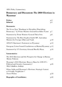 AIIA Policy Commentary  Democracy and Discontent: The 2010 Elections in Myanmar Preface Editorial