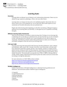 www.umanitoba.ca/student/academiclearning  Learning Styles Overview Learning styles are different ways of taking in and understanding information. These ways are affected by age, experience, physiology, culture, and many