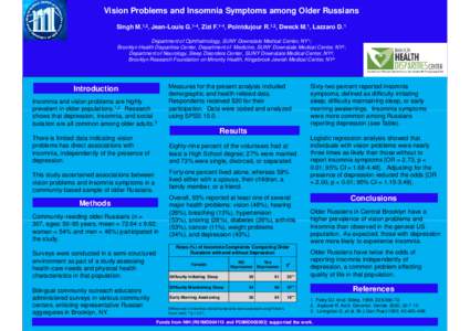 Vision Problems and Insomnia Symptoms among Older Russians Singh M.1,2, Jean-Louis G.1-4, Zizi F.1-4, Pointdujour R.1,2, Dweck M.1, Lazzaro D. 1 Department of Ophthalmology, SUNY Downstate Medical Center, NY 1; Brooklyn 