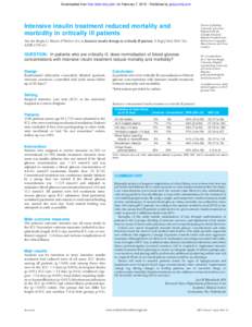 Downloaded from http://ebn.bmj.com/ on February 7, [removed]Published by group.bmj.com  Intensive insulin treatment reduced mortality and morbidity in critically ill patients Van den Berghe G, Wouters P, Weekers F, et al. 