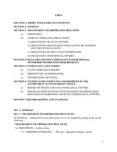 A BILL [SECTION 1: SHORT TITLE/TABLE OF CONTENTS] SECTION 2: FINDINGS SECTION 3: TRANSPARENT INCORPORATION PRACTICES (a)