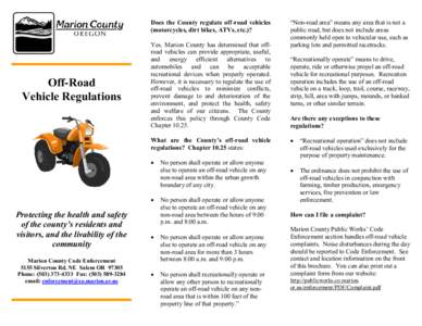 Does the County regulate off-road vehicles (motorcycles, dirt bikes, ATVs, etc.)? Off-Road Vehicle Regulations