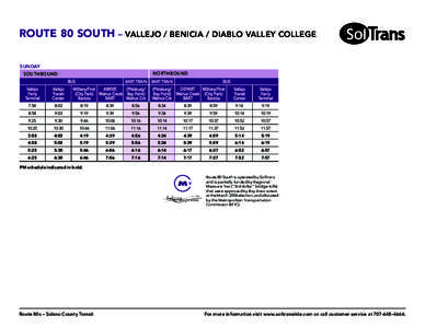 ROUTE 80 SOUTH – VALLEJO / BENICIA / DIABLO VALLEY COLLEGE SUNDAY NORTHBOUND SOUTHBOUND BUS