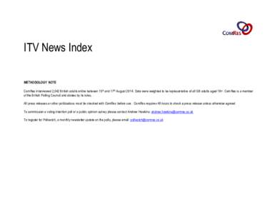 ITV News Index METHODOLOGY NOTE ComRes interviewed 2,042 British adults online between 15th and 17th August[removed]Data were weighted to be representative of all GB adults aged 18+. ComRes is a member of the British Polli