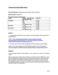 Customised International Mail Service  Service Rendered: Outgoing International Letters Service (Airmail) Effective Date: 3 Sept 2012 Pricing (including any discounts): Zones
