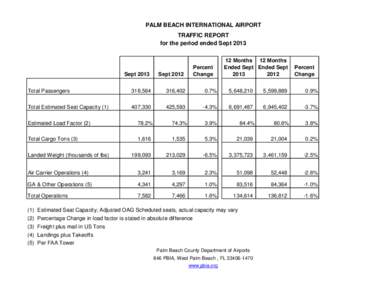 PALM BEACH INTERNATIONAL AIRPORT TRAFFIC REPORT for the period ended Sept 2013 Sept 2013